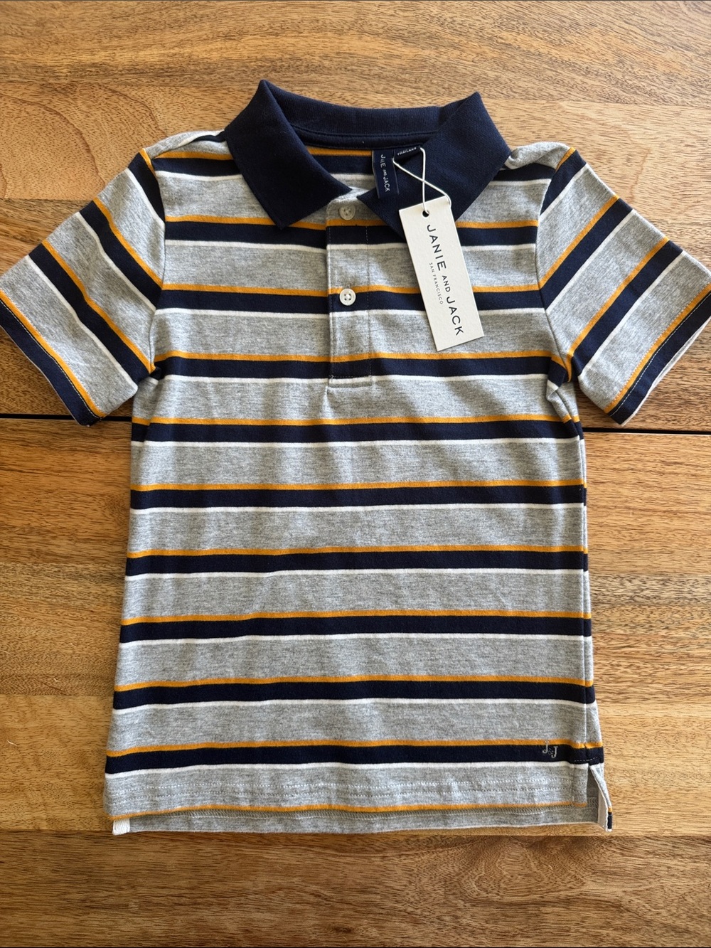 Janie and Jack Boys' Grey Striped Polo Shirt - Navy & Mustard